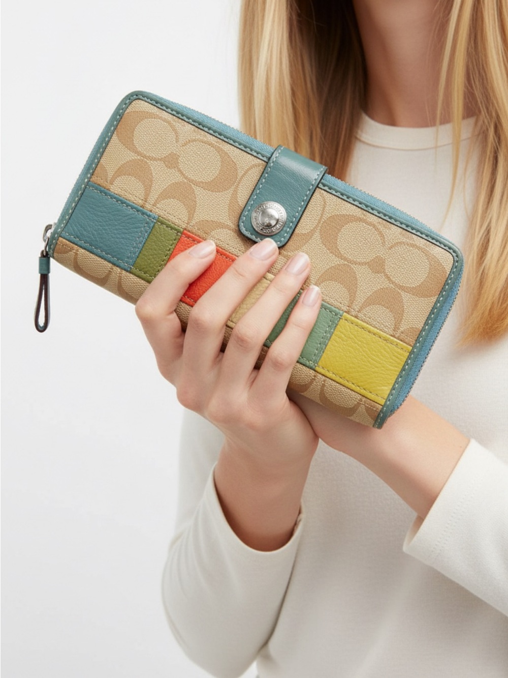 Coach Multicolor Patch Signature Zip Wallet in Tan and Green
